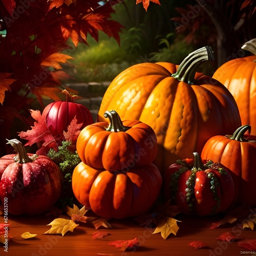 Thanksgiving pumpkins with fruits and falling leaves  Colorful leaves and pumpkins evoke the essence of autumn Generative AI