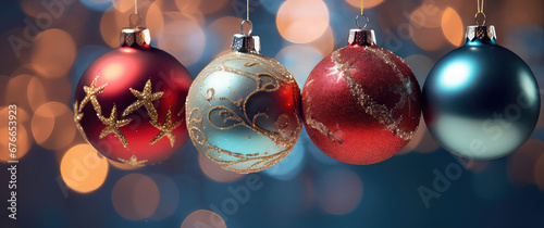 christmas tree decoration with bokeh lights on an interesting background, in the style of uhd image, dark blue and red, christcore, commission for, 1970–present, silver and green, nightcore photo