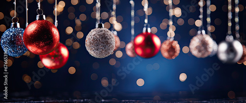 christmas tree decoration with bokeh lights on an interesting background, in the style of uhd image, dark blue and red, christcore, commission for, 1970–present, silver and green, nightcore photo