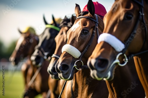 Horse riders compete on horse races for winner place of fastest rider at racetrack with spectators and fans betting. Equestrians pushing horses trying best to win race. Horse racing between opponents photo