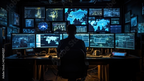  A person in an advanced operations room overlooks an array of monitors displaying global maps and various analytical data, hinting at international surveillance or research. photo