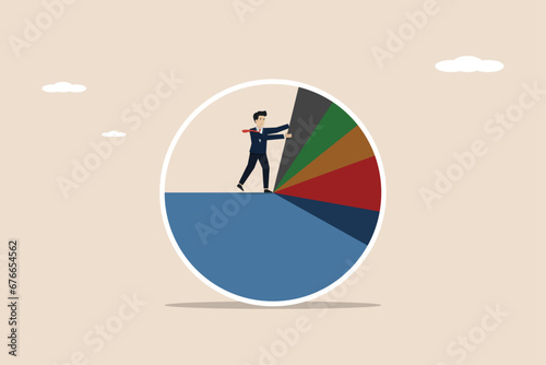 Business analysis, economic statistics concept, smart businessman standing on pie chart pushing allocation to best performance position.