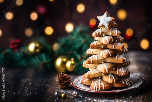 Gingerbread tree on a decorated table with Christmas tree in the background