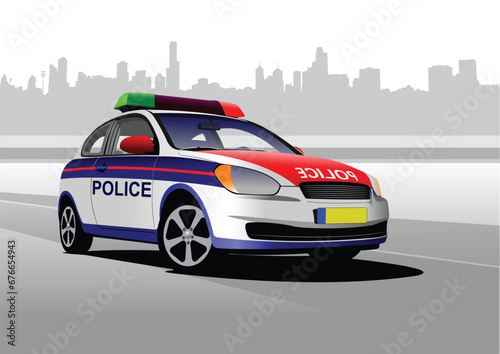 Police car on city panorama background. Vector illustration.