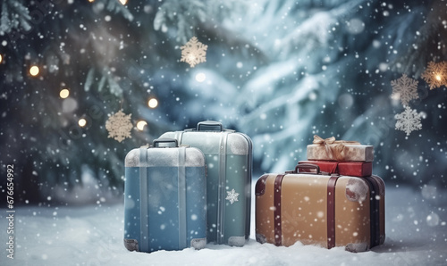 Set of suitcases stand outdoor with Christmas bokeh background with copy space photo