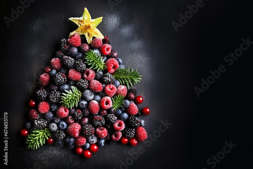 Funny Christmas tree shaped raspberries ondark background with copy space. photo