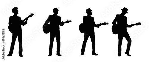 Man playing electric guitar silhouette, male electric guitar player, male musician guitarist on stage silhouette photo
