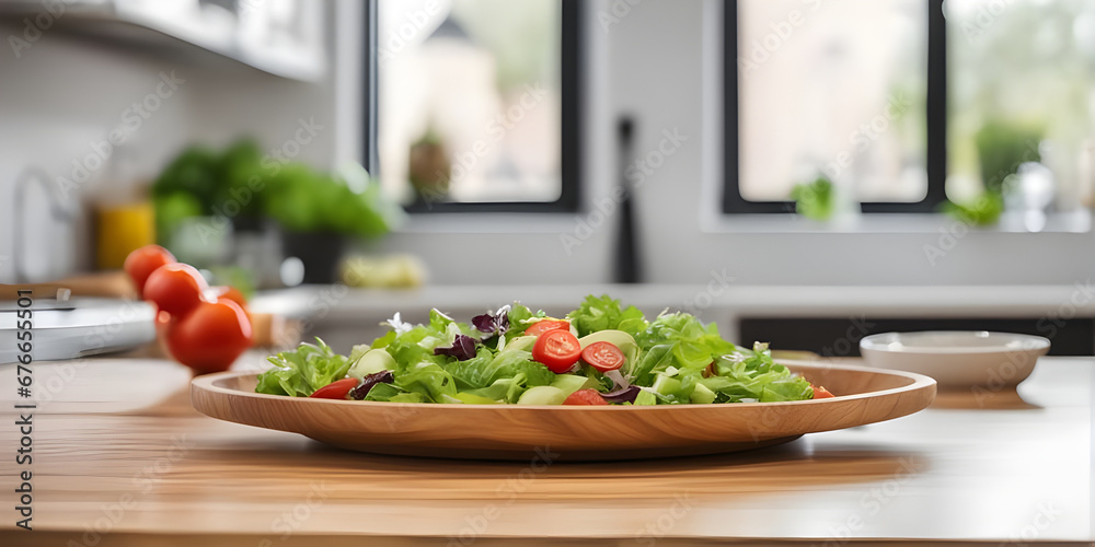 Wooden tabletop counter with salad in kitchen. - obrazy, fototapety, plakaty 