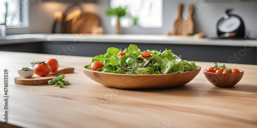 Wooden tabletop counter with salad in kitchen.