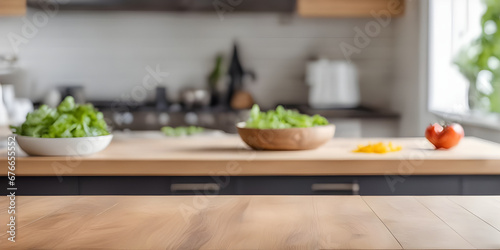 Wooden tabletop counter with salad in kitchen.