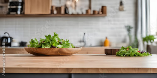 Wooden tabletop counter with salad in kitchen. © Smile Studio AP