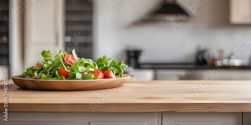 Wooden tabletop counter with salad in kitchen.