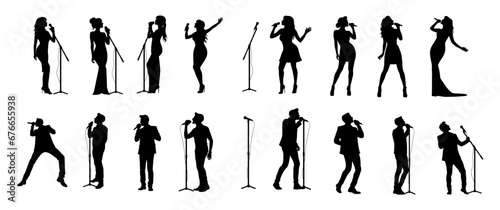 Man and woman singer silhouette, male female singing on mic, singer singing silhouette, vocalist singing to microphone photo