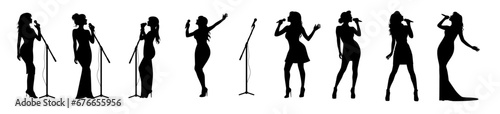 Woman singer silhouette, woman singing on mic, Singer singing silhouette, vocalist singing to microphone photo