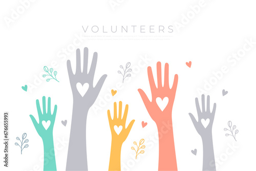 colorful volunteers solidarity team hand up with love heart design