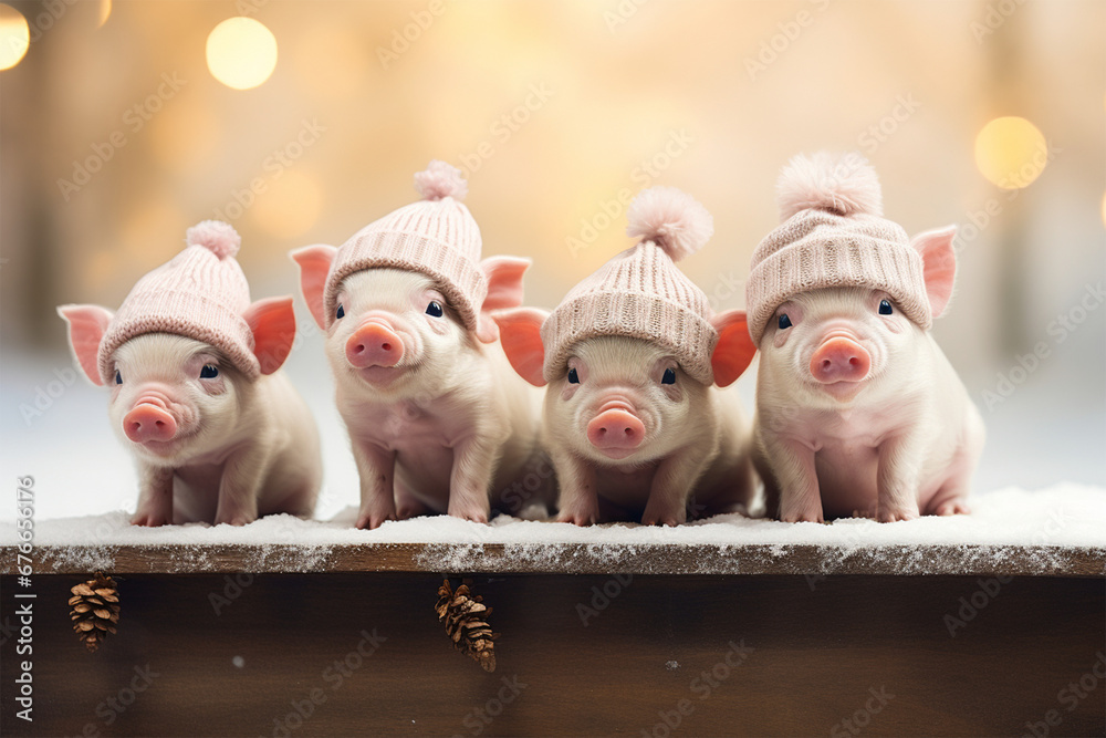 Christmas arrangement of piglets - obrazy, fototapety, plakaty 
