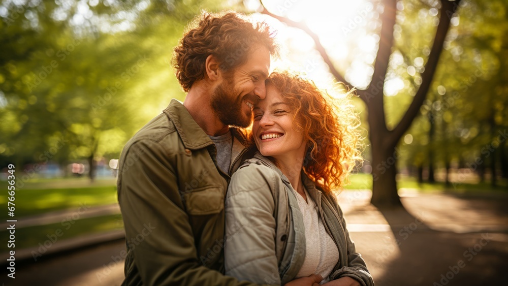 happy couple embracing on a date in the park happy couple embracing on a date in the park
