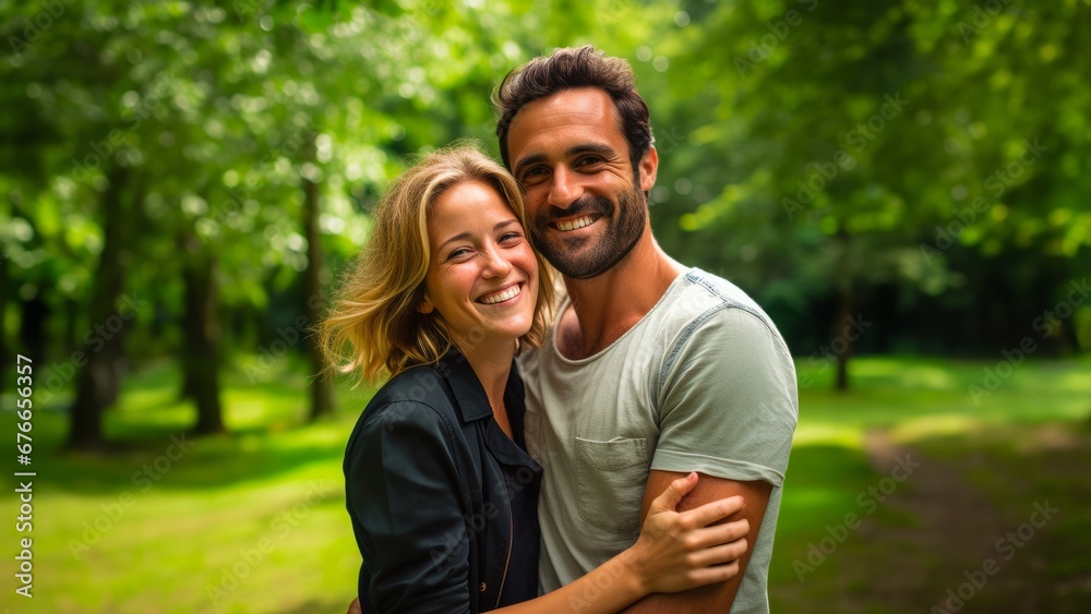 happy couple smiling on a date in the park happy couple smiling on a date in the park