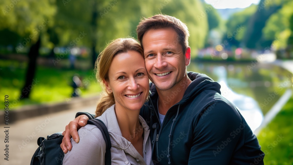 Fototapeta premium happy middle age couple smiling on a date in the park