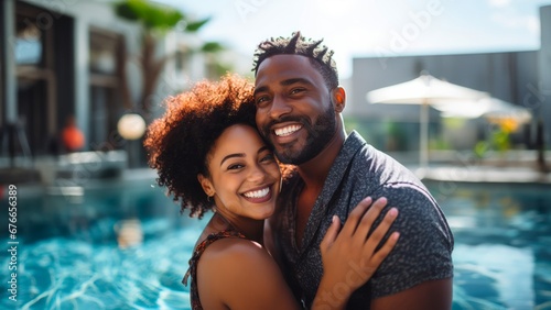 couple smiling by the pool photo