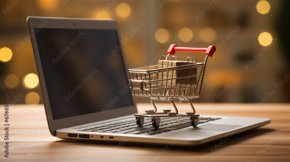 a small cart stands on a table near an open laptop, a credit card is nearby, online shopping