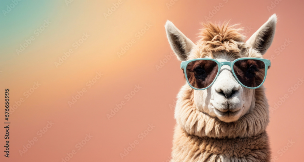 Creative animal concept. Llama in sunglass shade glasses isolated on solid pastel background, commercial, editorial advertisement, surreal surrealism