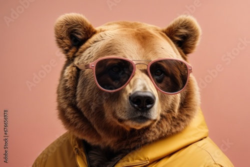 Creative animal concept. bear wearing sunglasses isolated on solid pastel background, commercial, editorial advertising, surreal surrealism © Roman