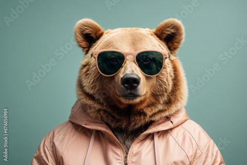 Creative animal concept. bear wearing sunglasses isolated on solid pastel background, commercial, editorial advertising, surreal surrealism