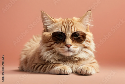 Creative animal concept. cat wearing sunglasses isolated on solid pastel background, commercial, editorial advertising, surreal surrealism