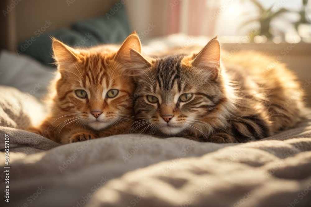 At home there are two adorable cats sleeping peacefully on a cozy blanket on the sofa. loving kittens At home there are two adorable cats sleeping peacefully on a cozy blanket on the sofa. loving kittens