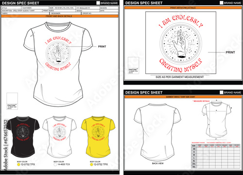 WOMEN GIRL SHORT SLEEVE CREATING MYSELF PAINT STREETWEAR VECTOR DIGITAL DTG DTF HEAT TRANSFER STICKER T SHIRT TECHPACK MEASUREMENT LAYOUT TEMPLATE DESIGN