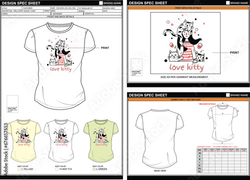 WOMEN GIRLS REGULAR SHORT SLEEVE T SHIRT LOVE KITTY STREETWEAR VECTOR DIGITAL DTG DTF HEAT TRANSFER STICKER TECHPACK MEASUREMENT LAYOUT TEMPLATE DESIGN