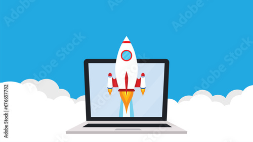 Flat style rocket launch from computer perfect for business start up concept