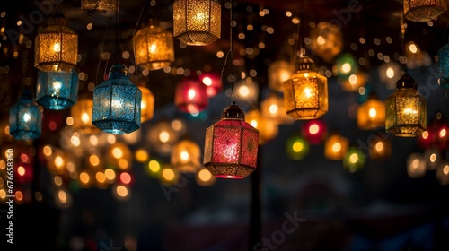 A mesmerizing display of Diwali lights, with a canopy of colorful lanterns hanging overhead, gently swaying in the breeze, creating a magical and festive 