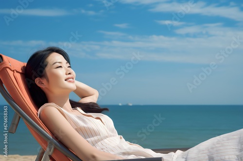 asian woman in a deck chair enjoying