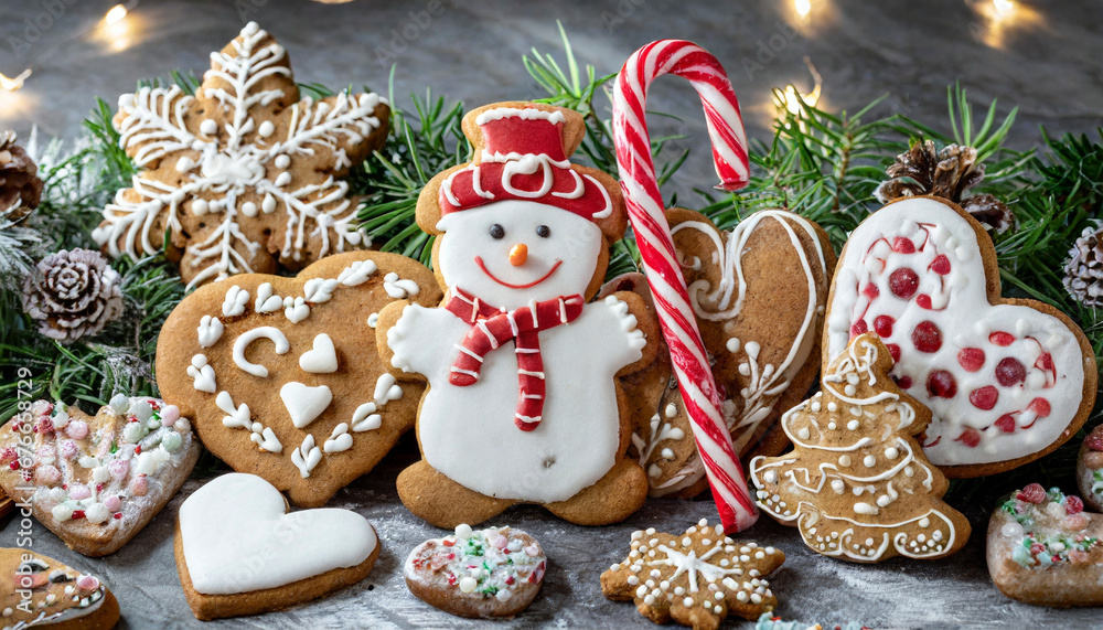 Christmas cookies with a snowman, reindeer and a candy cane surrounded by ginger bread hearts Christmas cookies with a snowman, reindeer and a candy cane surrounded by ginger bread hearts