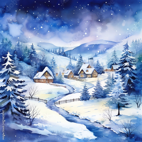 Watercolor Blue Christmas Backgrounds, Vintage Background for Christmas and Winter © Moose