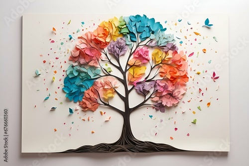 Arte de papel, árbol colorido, creatividad en manualidades, papiroflexia artistica. 