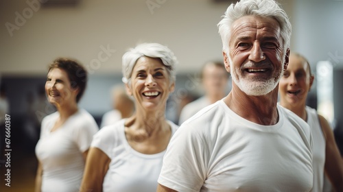 Elderly Individuals Come Together for Indoor Yoga, Embodying the Principles of Active Aging to Boost Their Physical Health and Promote a Holistic Sense of Well-being. Generative AI