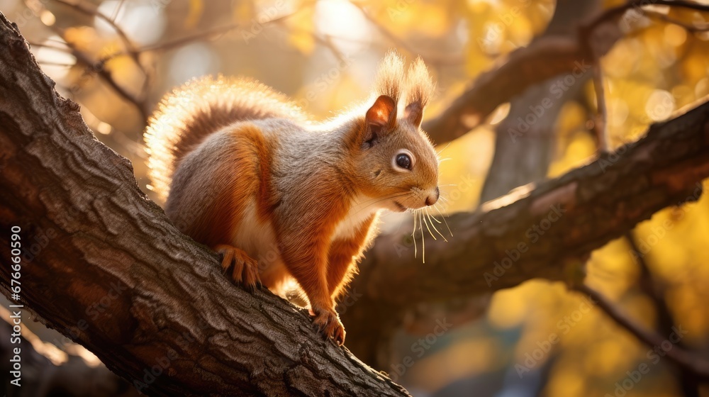 Squirrel sitting on a tree branch. Generative AI Squirrel sitting on a tree branch. Generative AI