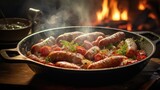 Grilled sausage in a frying pan on the table. Generative AI