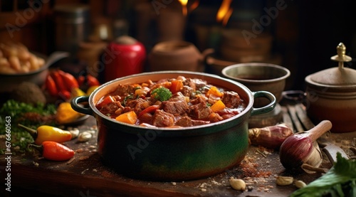 Beef Stew in a slow-cooker, ready to serve. Generative AI