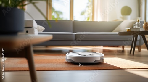 Robotic vacuum cleaner on a floor in cozy modern living room. Generative AI