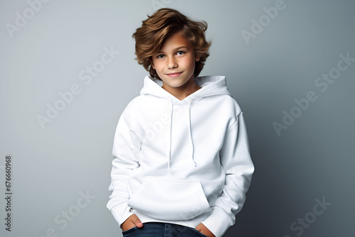 A Captivating Portrait of a Radiant Young Boy in His white Hoodie, Overflowing with Delightful Happiness