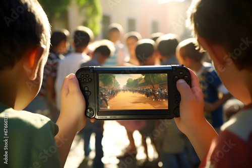 young kids holding digital tablet mobile gaming photo