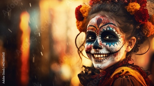 Little Girl with skull makeup, Mexican tradition of celebrating the Day of the Dead, Traditional festival