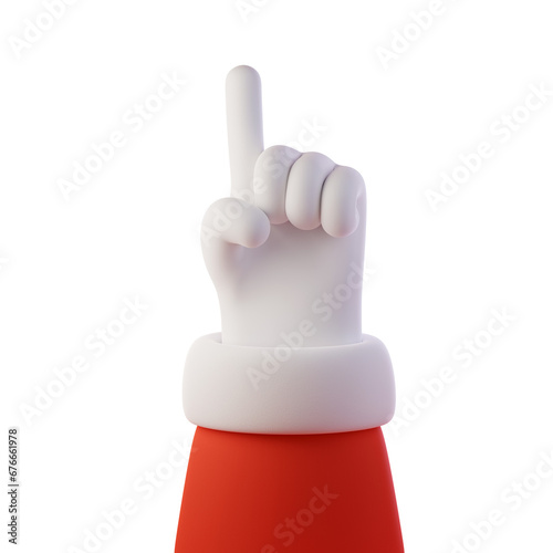 3D hand of Santa Claus pointing index finger up isolated on white background. Counting number one using index finger, showing idea and drawing attention. One finger. Christmas concept.