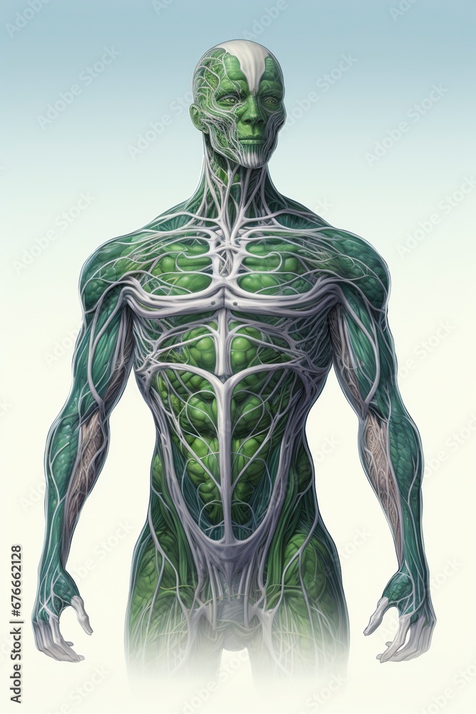 Illustrate the human lymphatic system within the context of a friendly and clean visual, incorporating it seamlessly into the contours of a human posture, generative ai Illustrate the human lymphatic system within the context of a friendly and clean visual, incorporating it seamlessly into the contours of a human posture, generative ai