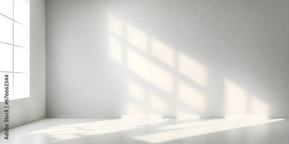 Empty room with white light shadow and floor. Natural shadow overlay on white texture background. - obrazy, fototapety, plakaty 