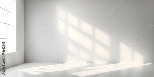 Empty room with white light shadow and floor. Natural shadow overlay on white texture background. photo